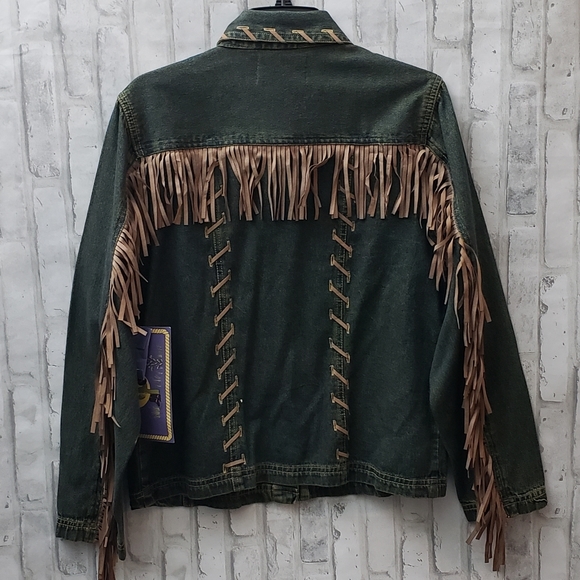 Tantrums Boho Fringe Jean Jacket, Size L - Picture 4 of 8